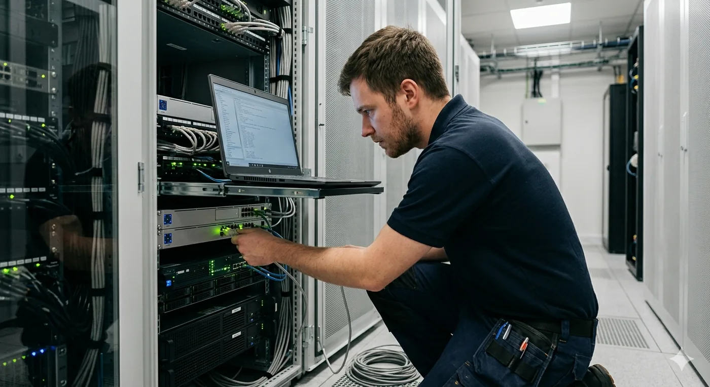 Técnico de TI conectando um servidor num rack