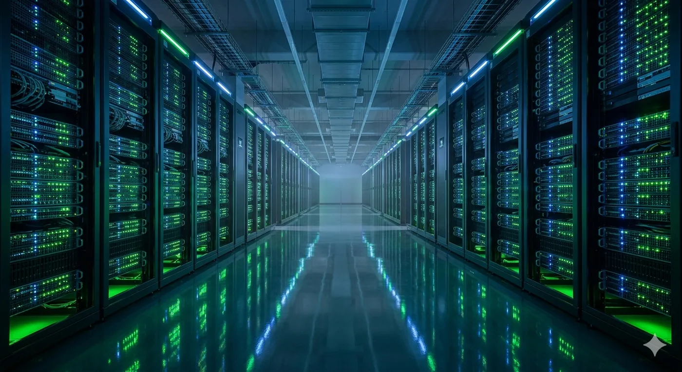 Corredor de datacenter com fileiras de servidores monitorados