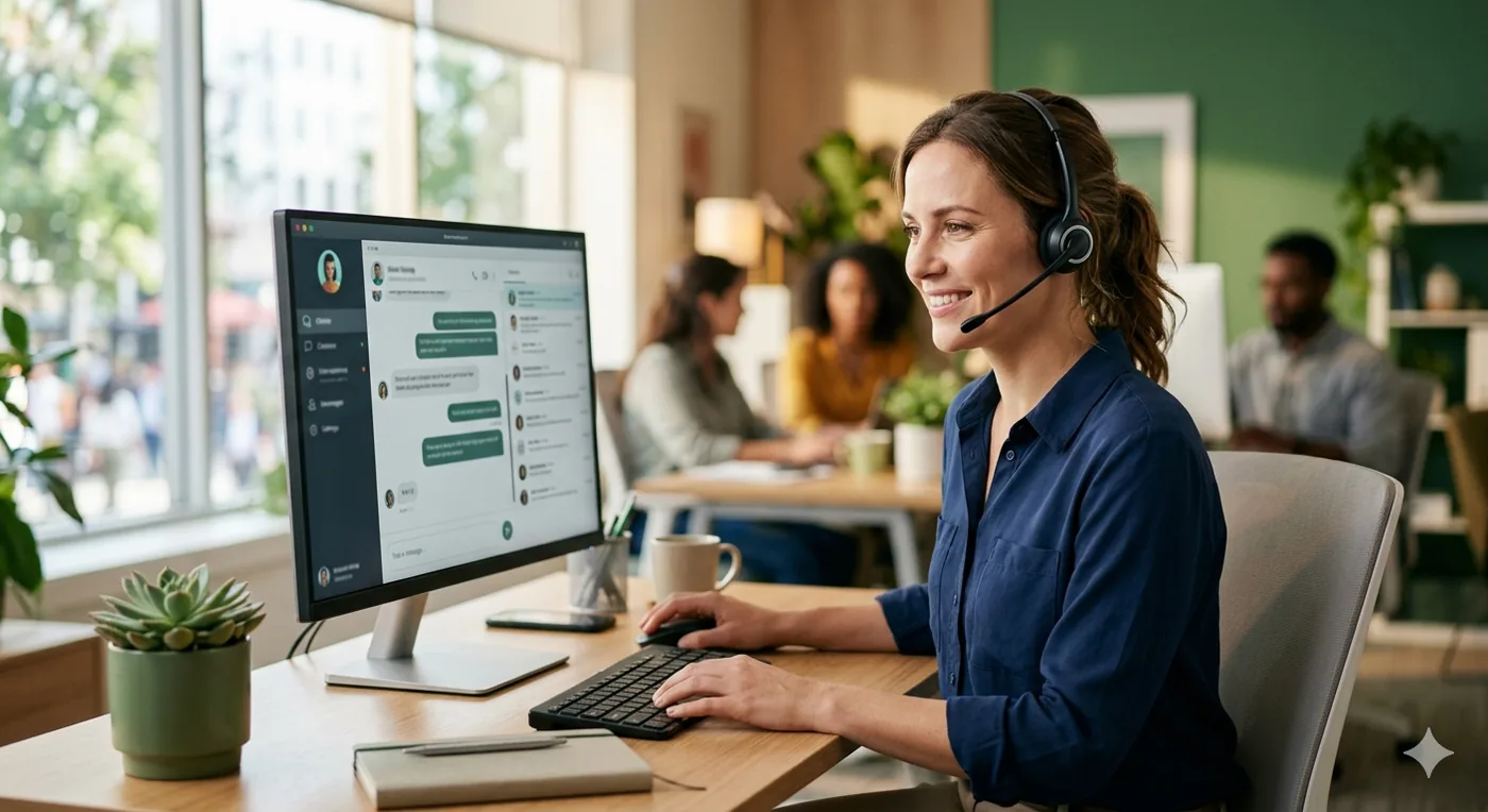 Atendente usando o Pluggo com headset