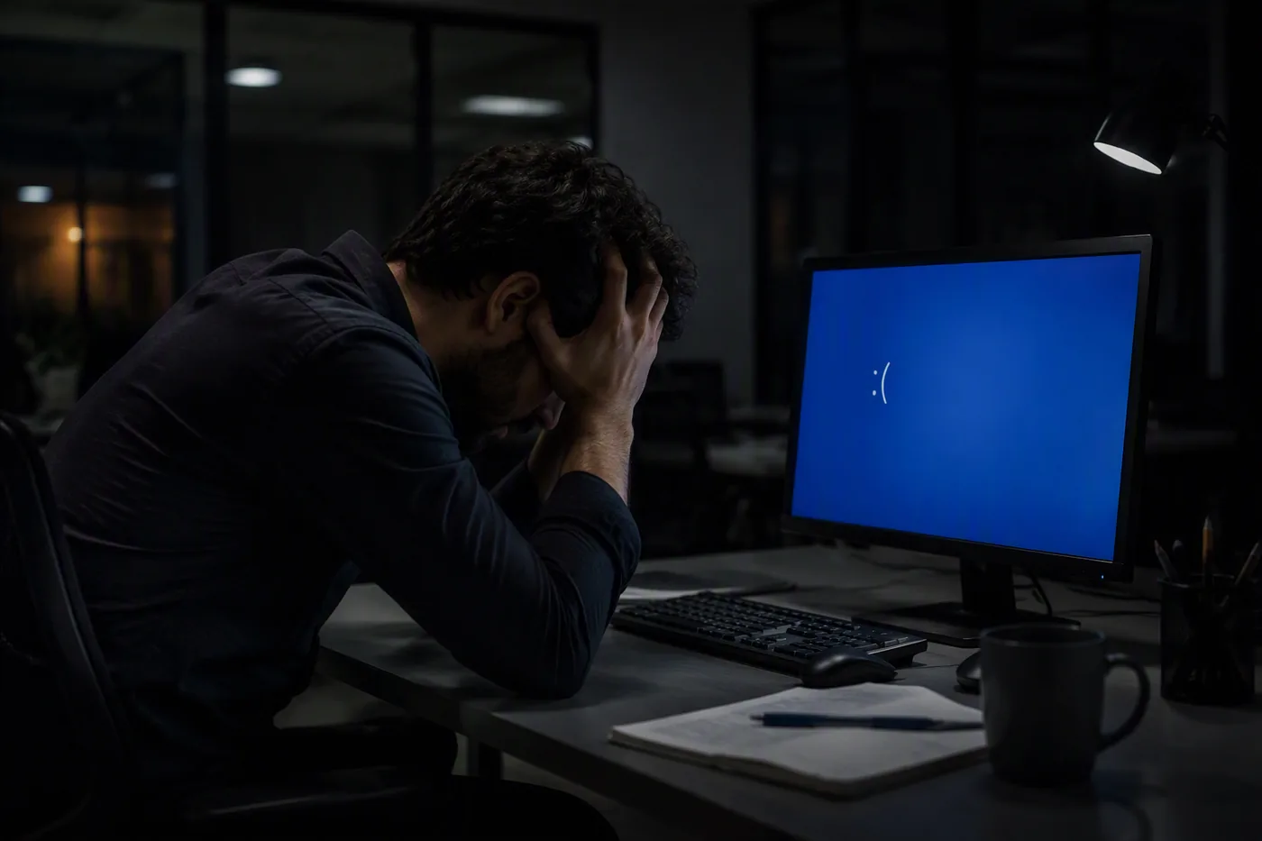 Profissional sozinho à noite diante de um computador travado