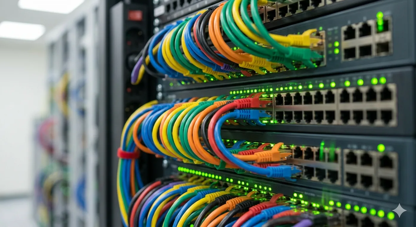 Switch de rede corporativo com cabeamento organizado
